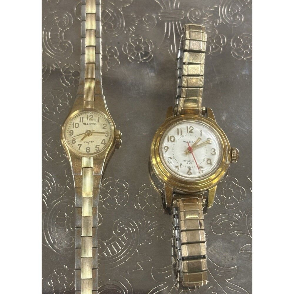 VTG Helbros Ladies Watch Lot of 2 Quartz & Invincible Gold Tone Stretch Band